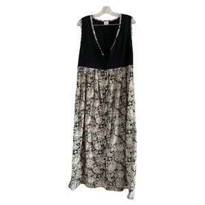 ALLISON ROSE Black Floral Button Up Sleeveless Cotton Long V Neck Dress-MEDIUM